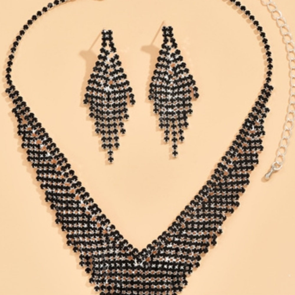 Women's Jewelry Black Rhinestone Tassel Necklace Earrings 2pcs/Set